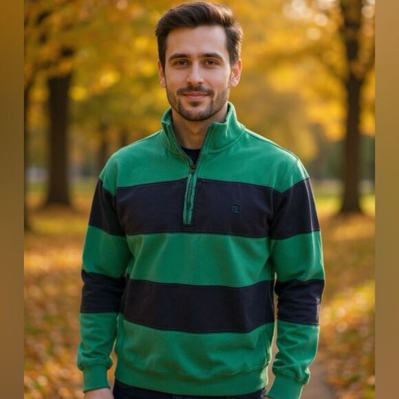 Y2K Izod Navy and Green Colorblock 1/4 Zip Pullover. Size Large. Thick Cotton - Picture 1 of 8